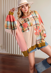 Slit Plaid Round Neck Long Sleeve Sweatshirt OutfitFlow